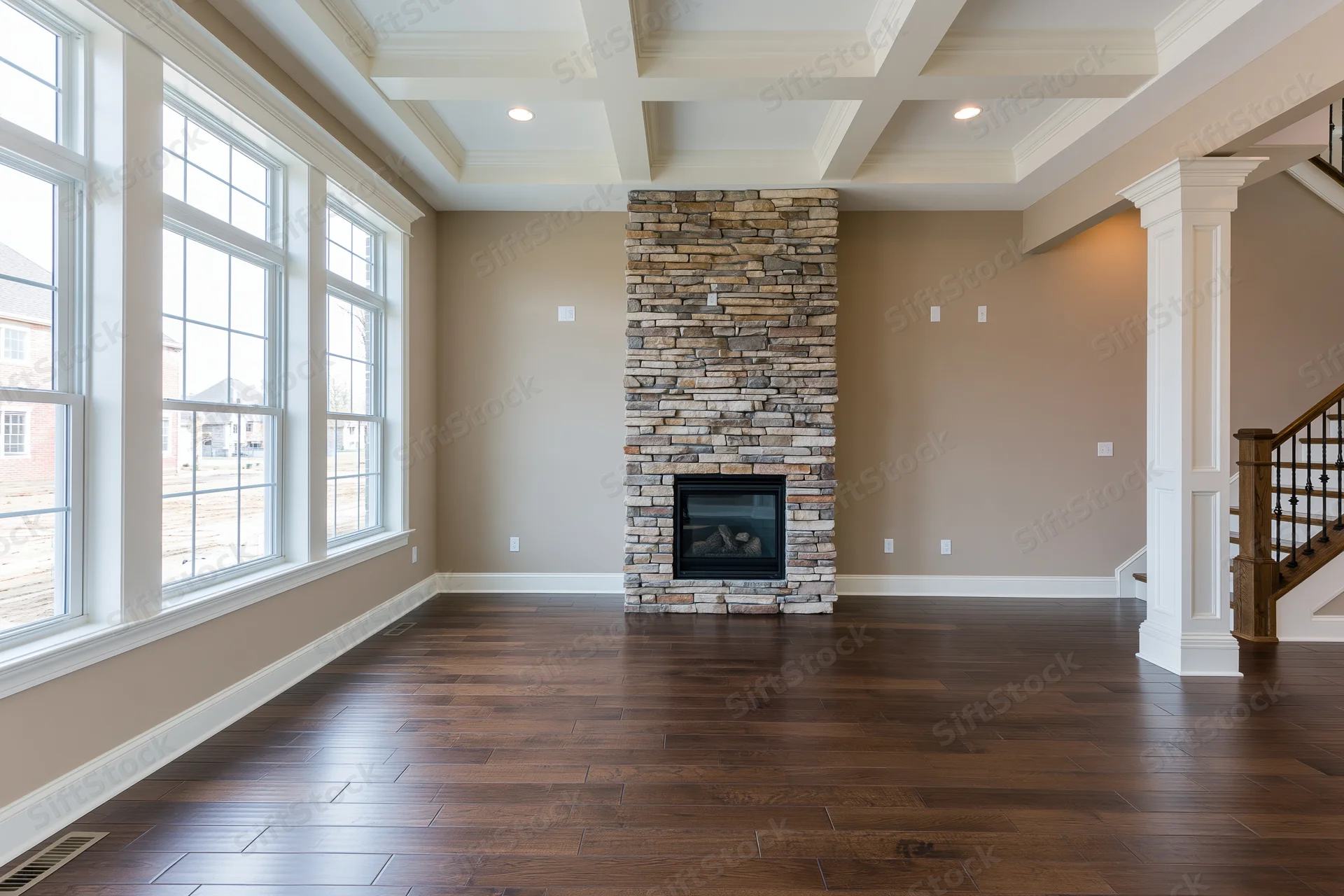 Empty living room with stone fireplace and dark hardwood flooring in a newly built home
