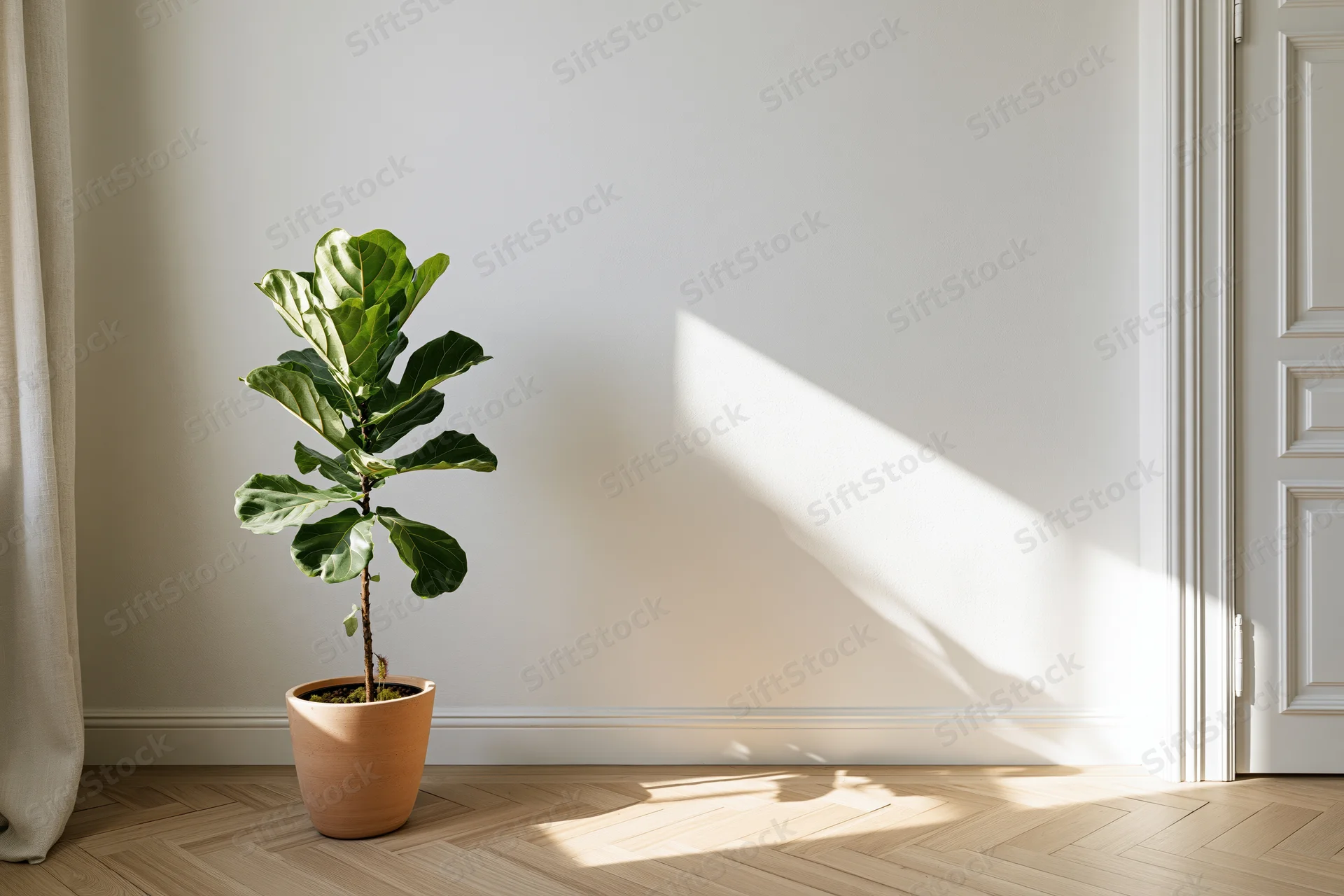 Potted fiddle leaf fig plant in minimalist room with sunlight casting shadow on white wall and herringbone wood floor