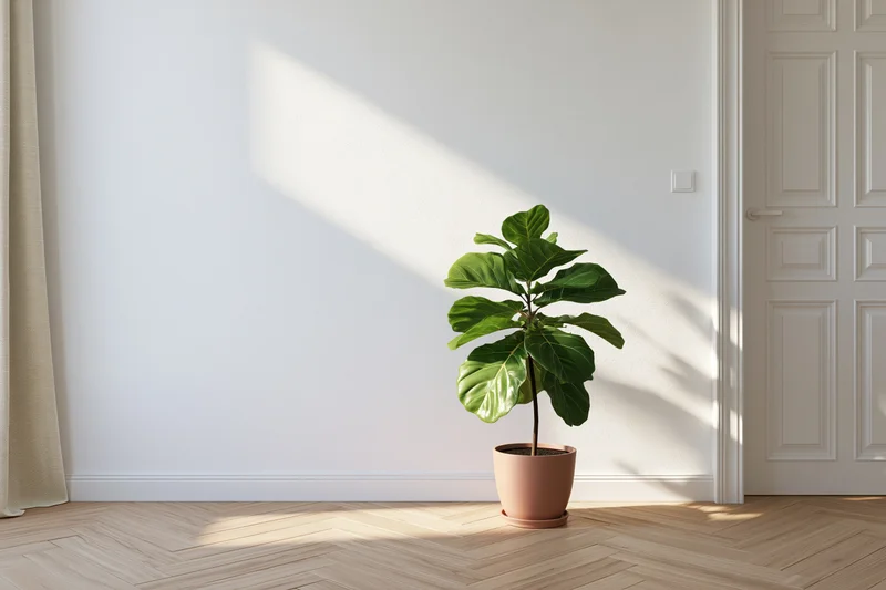 Potted fiddle leaf fig plant standing in a minimalist room with sunlight casting shadows on white walls and herringbone wood floor