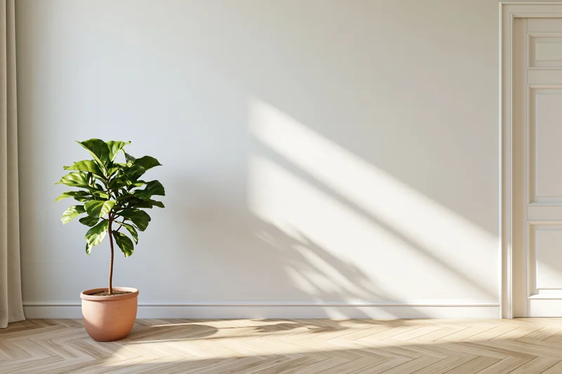 Potted fiddle leaf fig in minimalist empty room with sunlight casting shadows on white wall and herringbone wood floor