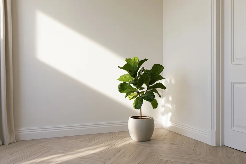 Potted fiddle leaf fig in corner of minimalist room with sunlight casting shadows on white walls and wooden floor