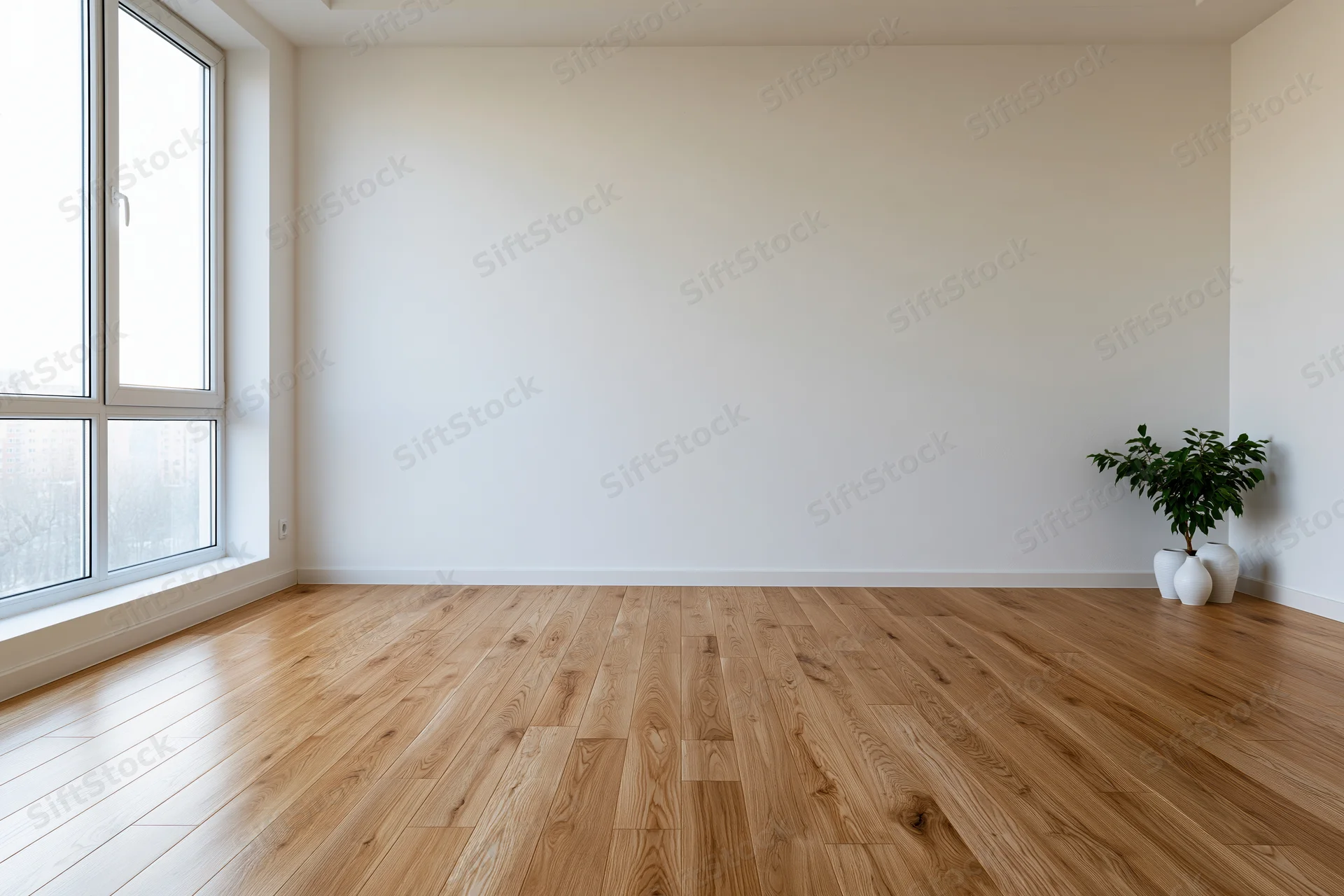 Empty minimalist room with warm oak hardwood floors and a large window, featuring a small potted plant in a white vase in the corner