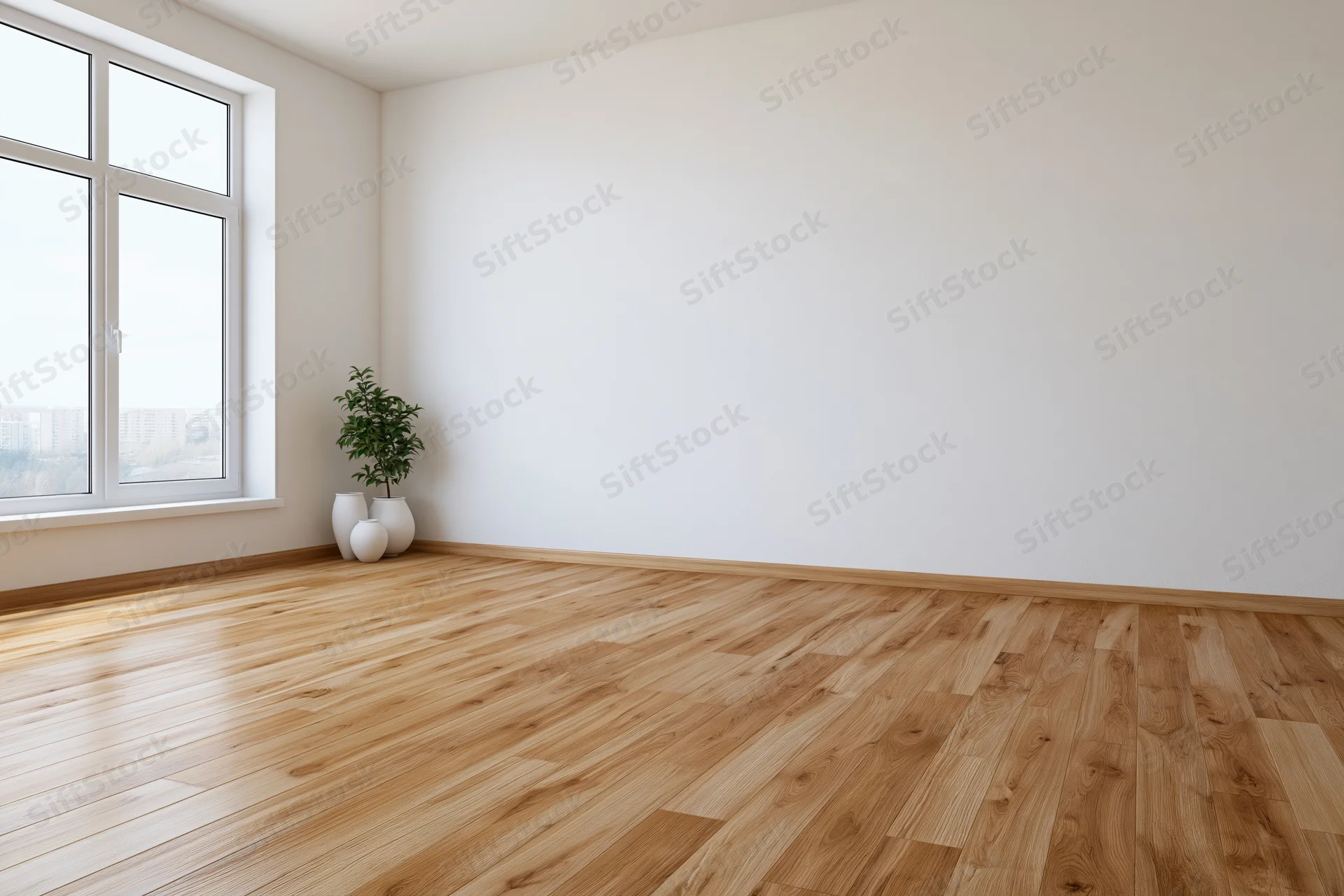 Empty minimalist room with warm oak hardwood floors and a large window, featuring a small plant in a corner