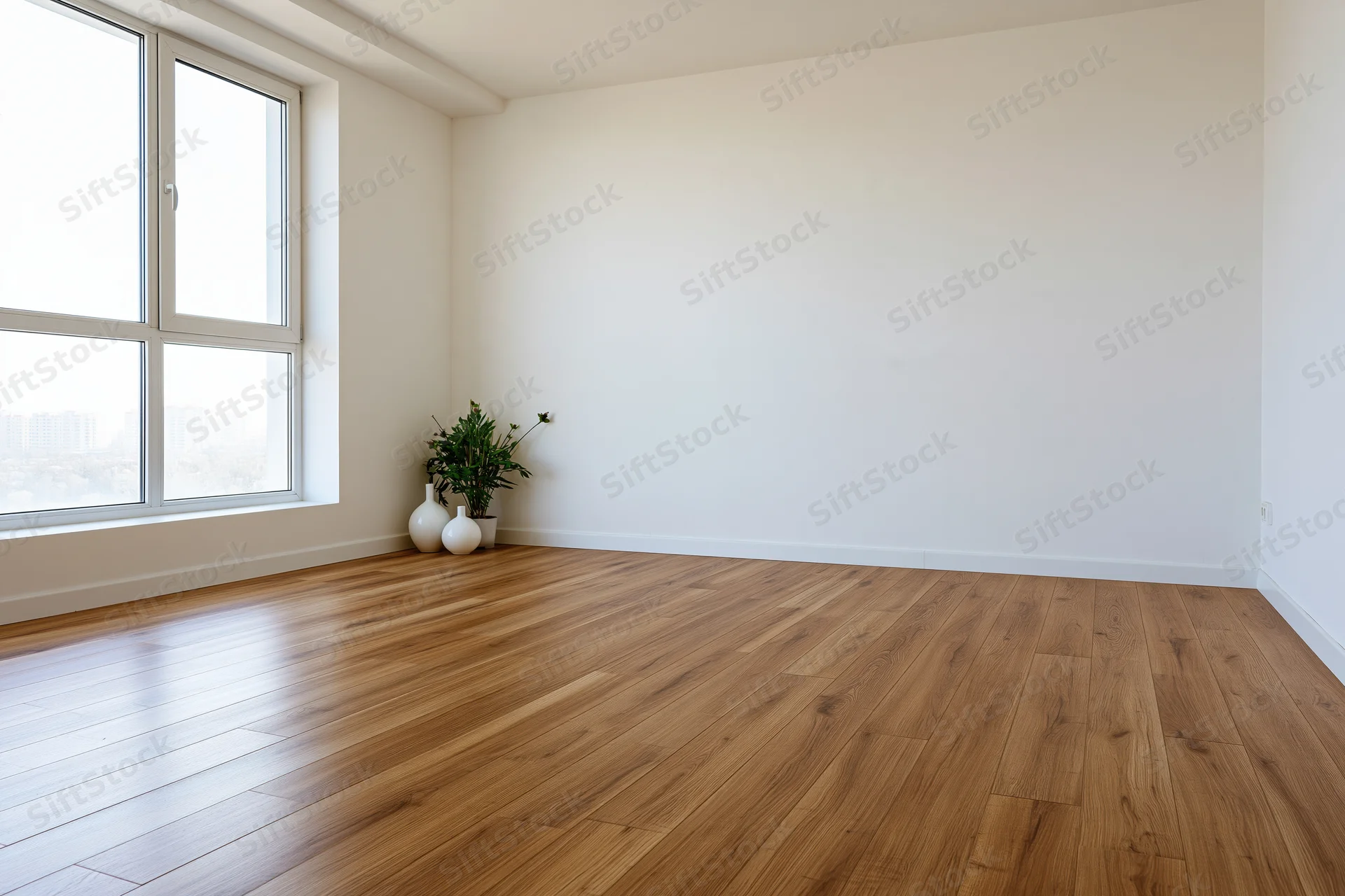Empty minimalist room with warm oak hardwood floors and a large window letting in natural light, featuring a small potted plant and white vases in the corner