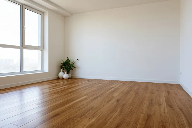 Empty minimalist room with warm oak hardwood floors and a large window letting in natural light, featuring a small potted plant and white vases in the corner