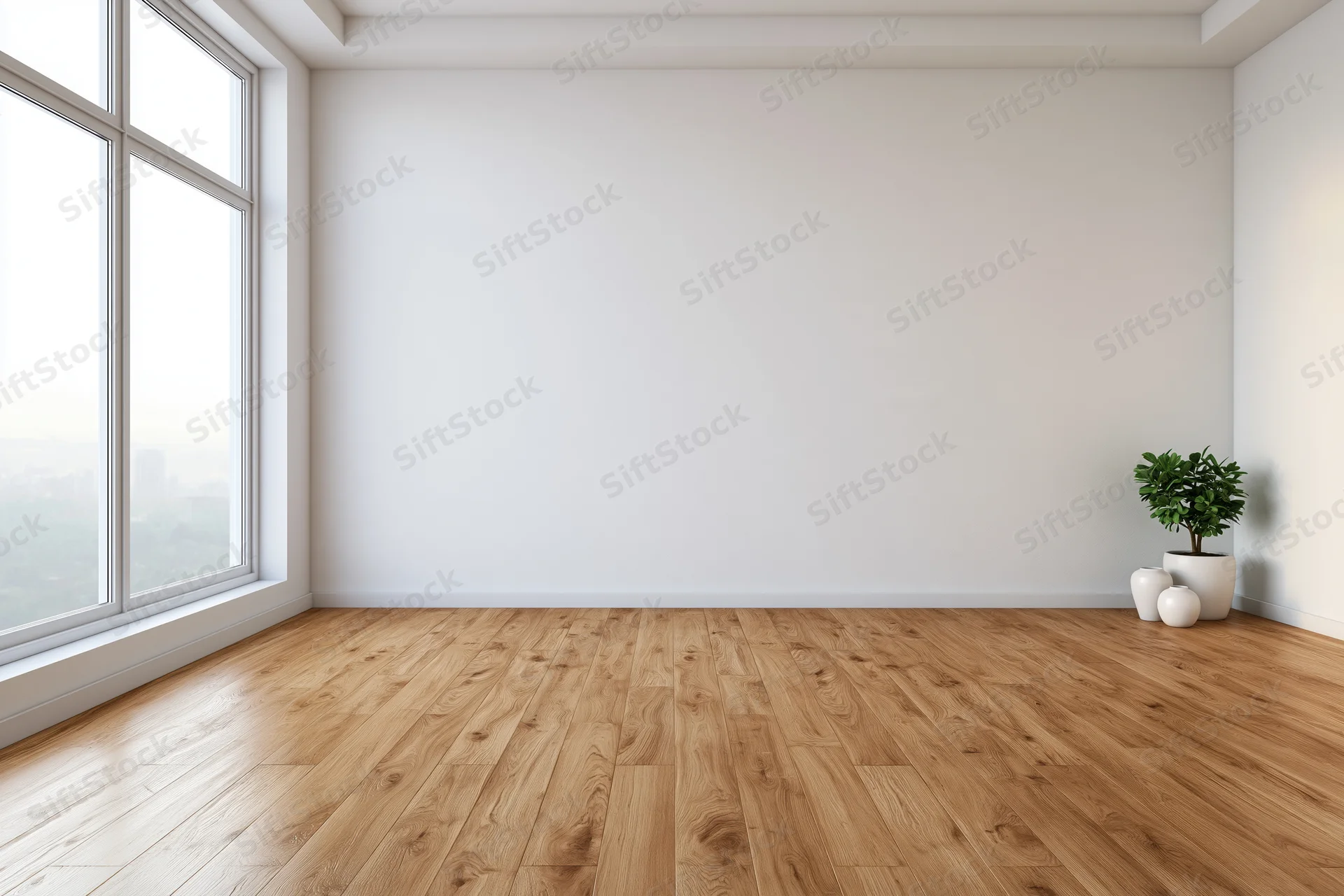Empty minimalist room with warm oak hardwood floors and large window, white walls, small potted plant in corner