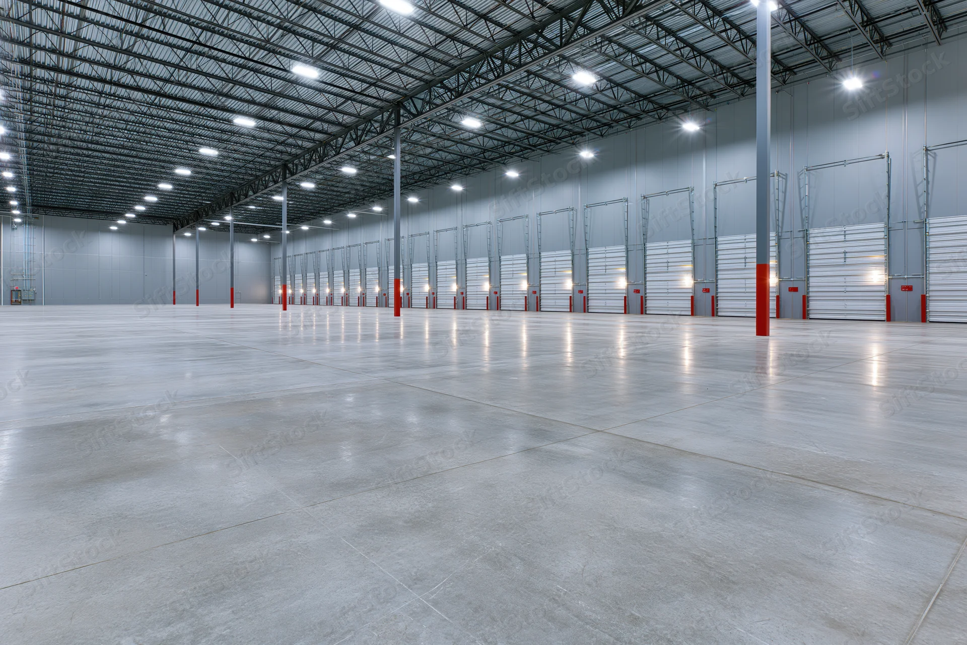 Empty modern warehouse interior with polished concrete floor and metal truss ceiling