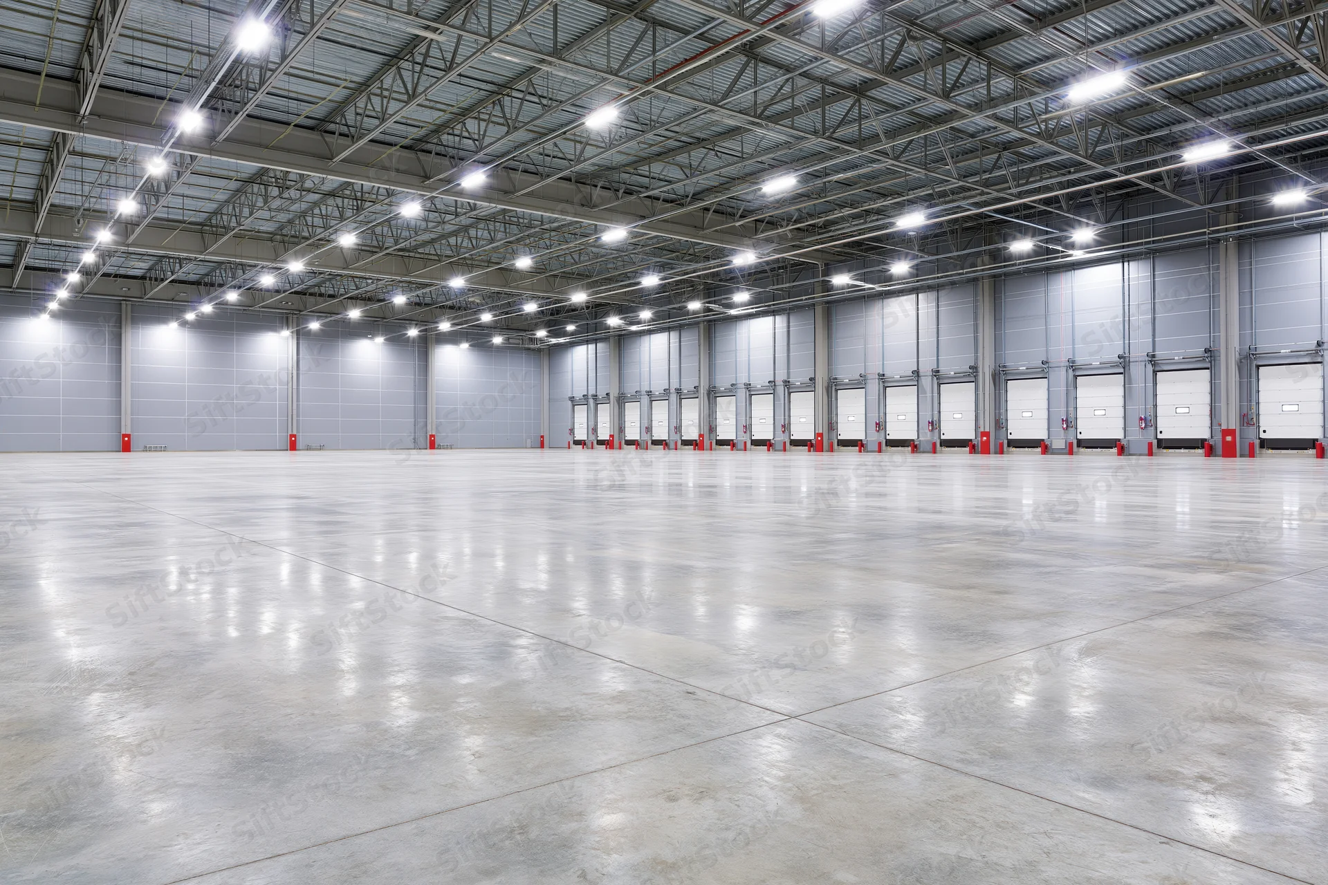 Empty modern warehouse interior with polished concrete floor and loading docks