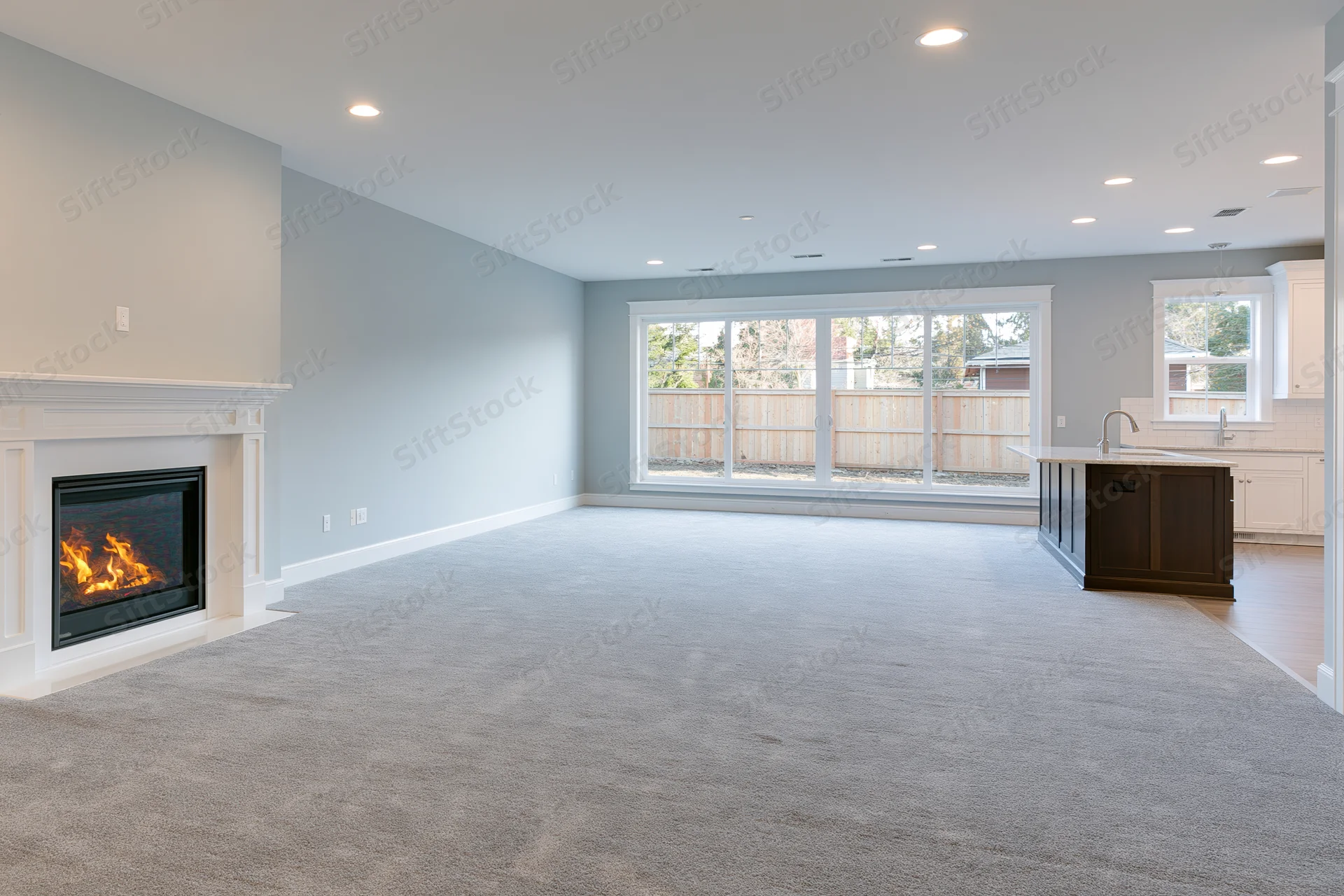 Empty open-plan living room with lit fireplace and kitchen island visible through doorway