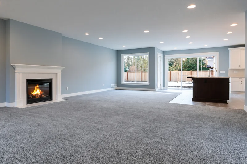 Empty open-plan living room with lit fireplace and kitchen island visible through sliding door to patio