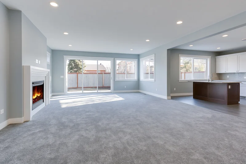 Empty open-plan living room with lit fireplace and adjacent kitchen, featuring gray carpet and large windows overlooking a deck