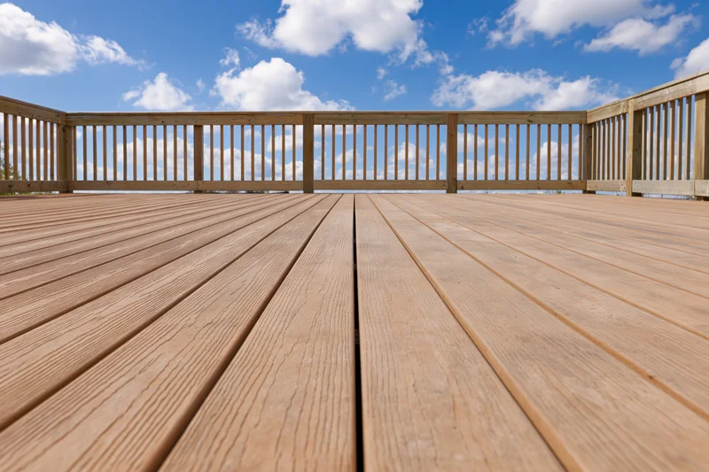 Wooden deck with horizontal planks and railing under blue sky with clouds