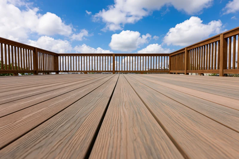 Wooden deck with horizontal planks and railing under blue sky with clouds
