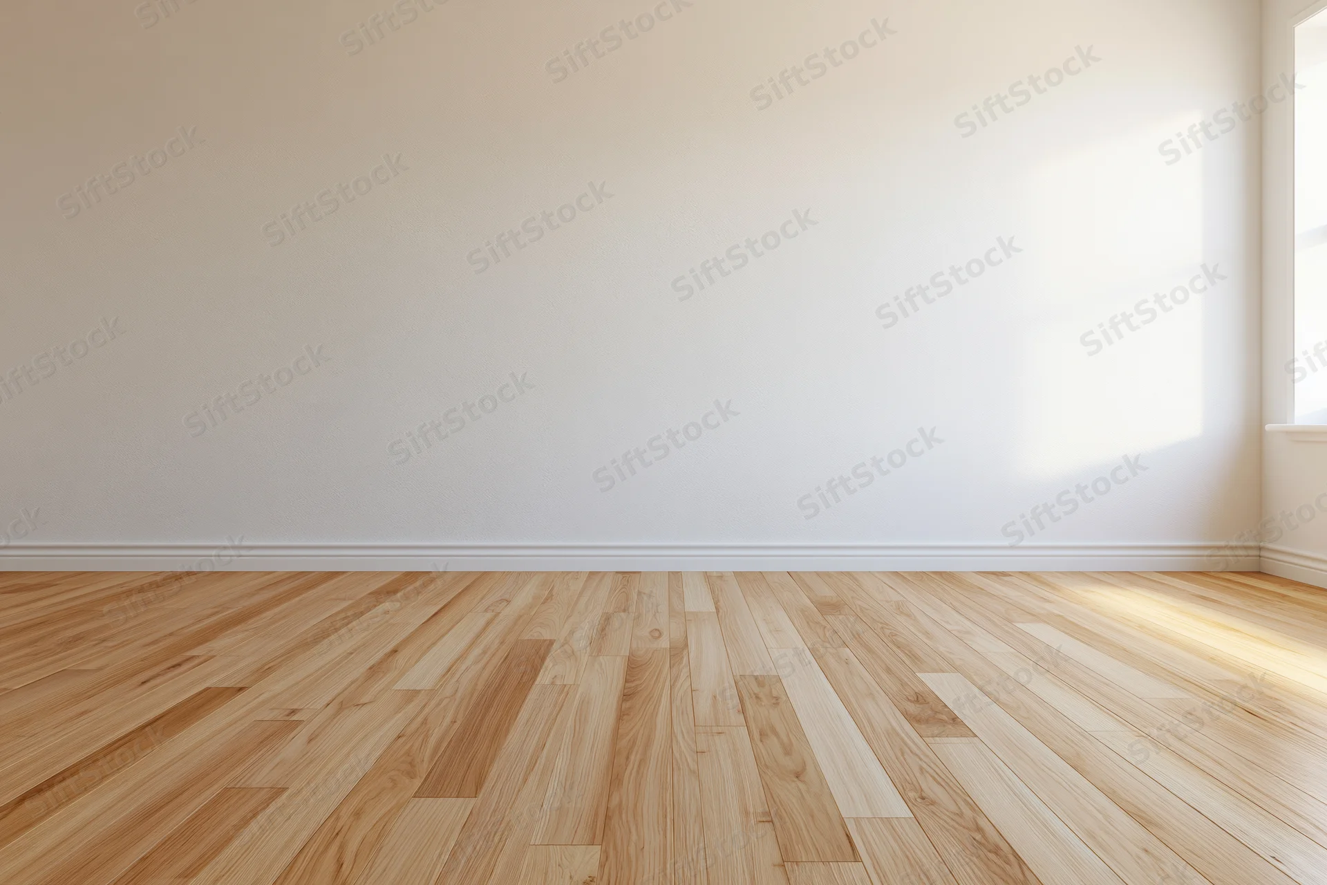 Empty residential room with bare light oak hardwood floors and white walls, sunlight entering through window