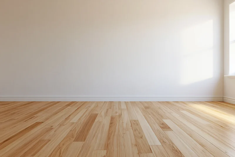 Empty residential room with bare light oak hardwood floors and white walls, sunlight entering through window