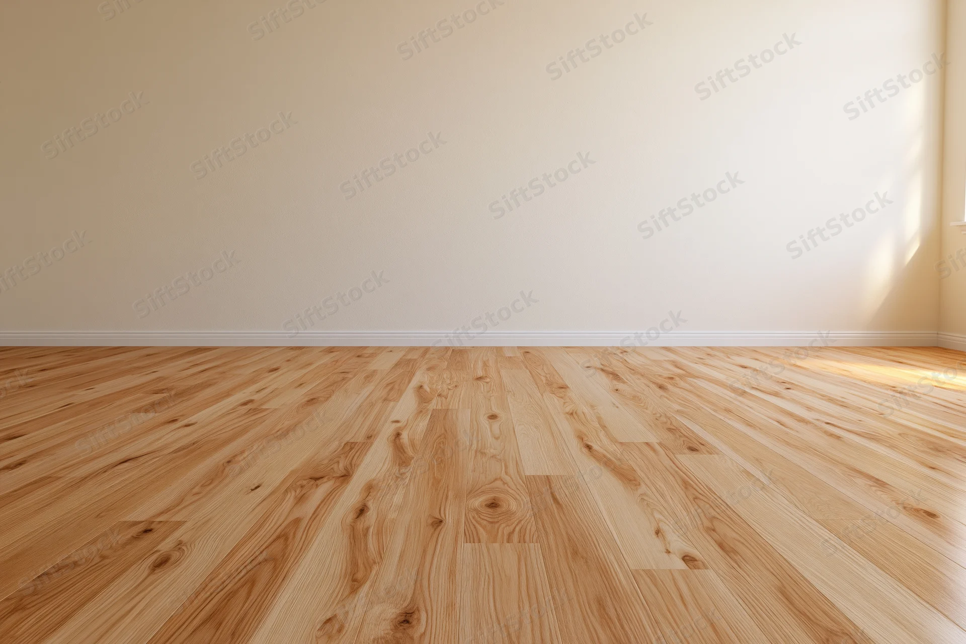 Empty residential room with light oak hardwood flooring and cream walls, sunlight casting shadows near corner