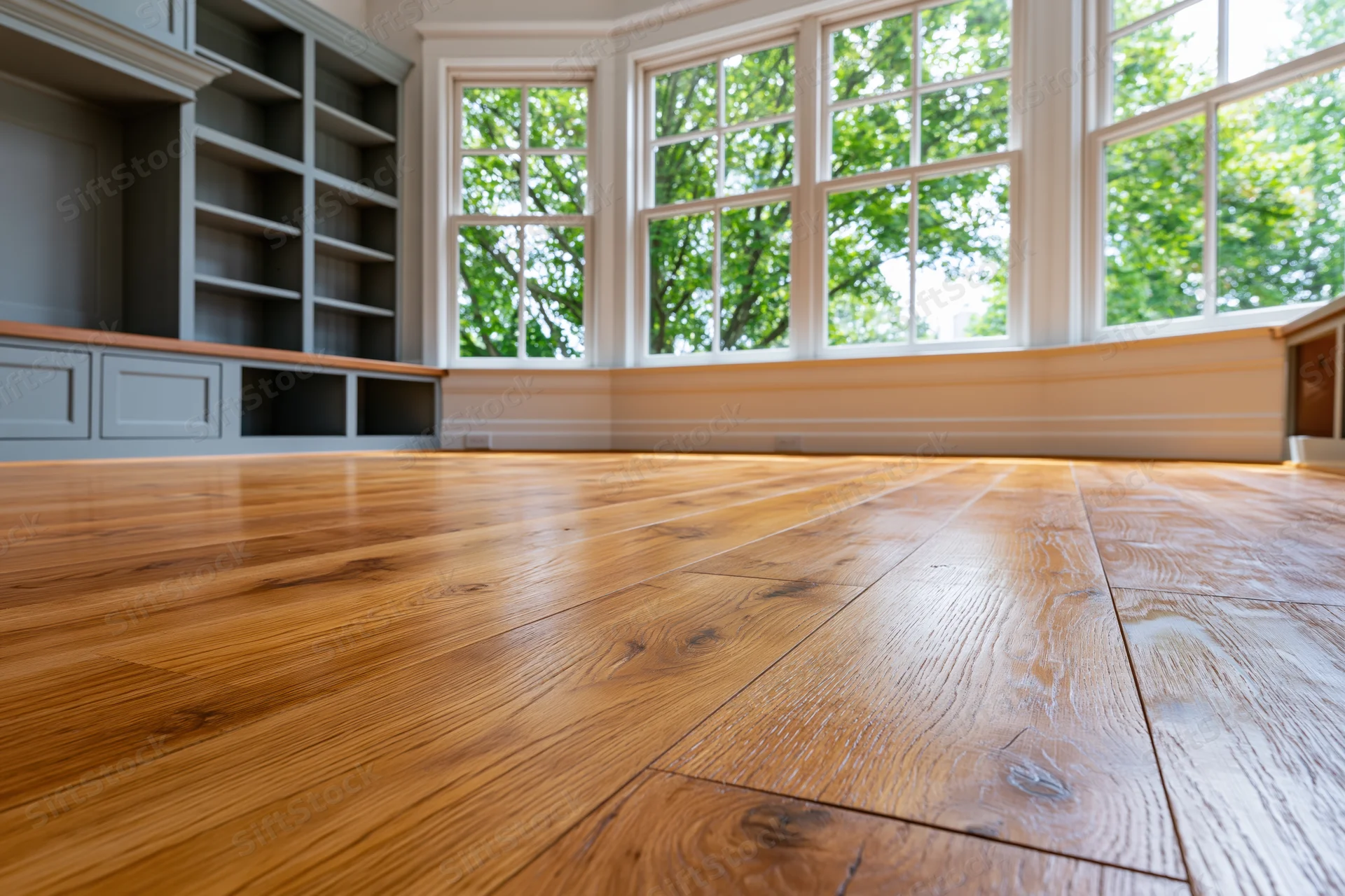 Empty residential room with refinished hardwood floor and bay windows overlooking greenery