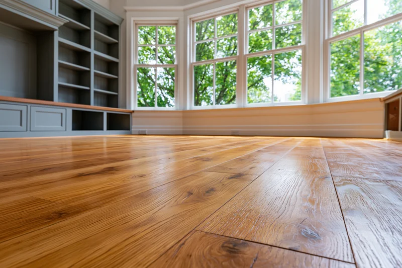Empty residential room with refinished hardwood floor and bay windows overlooking greenery