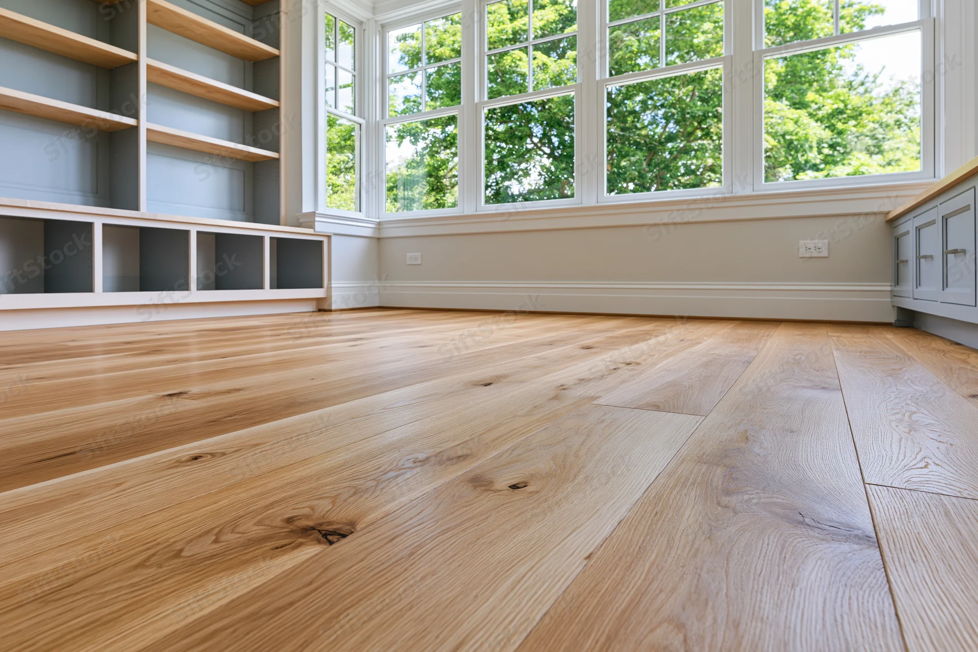 Empty residential room with refinished hardwood floor and built-in shelves near large windows