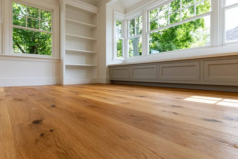 Empty residential room with refinished hardwood floor and built-in shelves and bay window bench