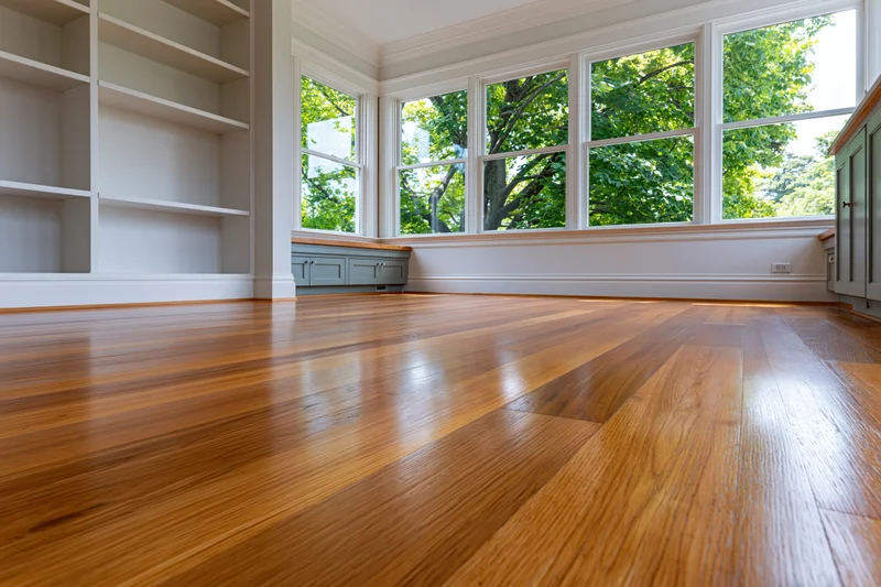 Empty residential room with refinished hardwood floor and built-in shelves near large windows