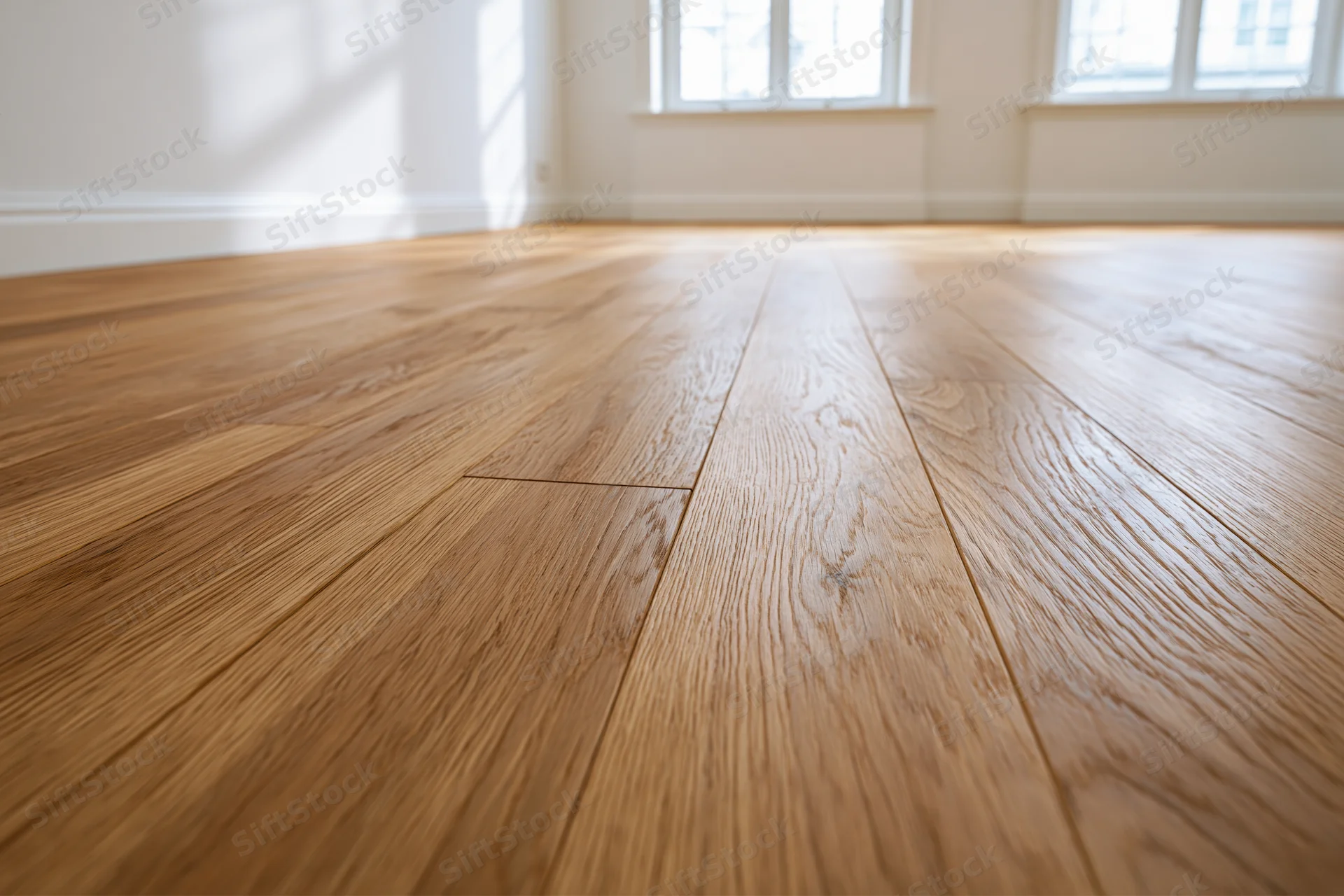 Close-up low-angle view of hardwood flooring in an empty room with natural light from windows