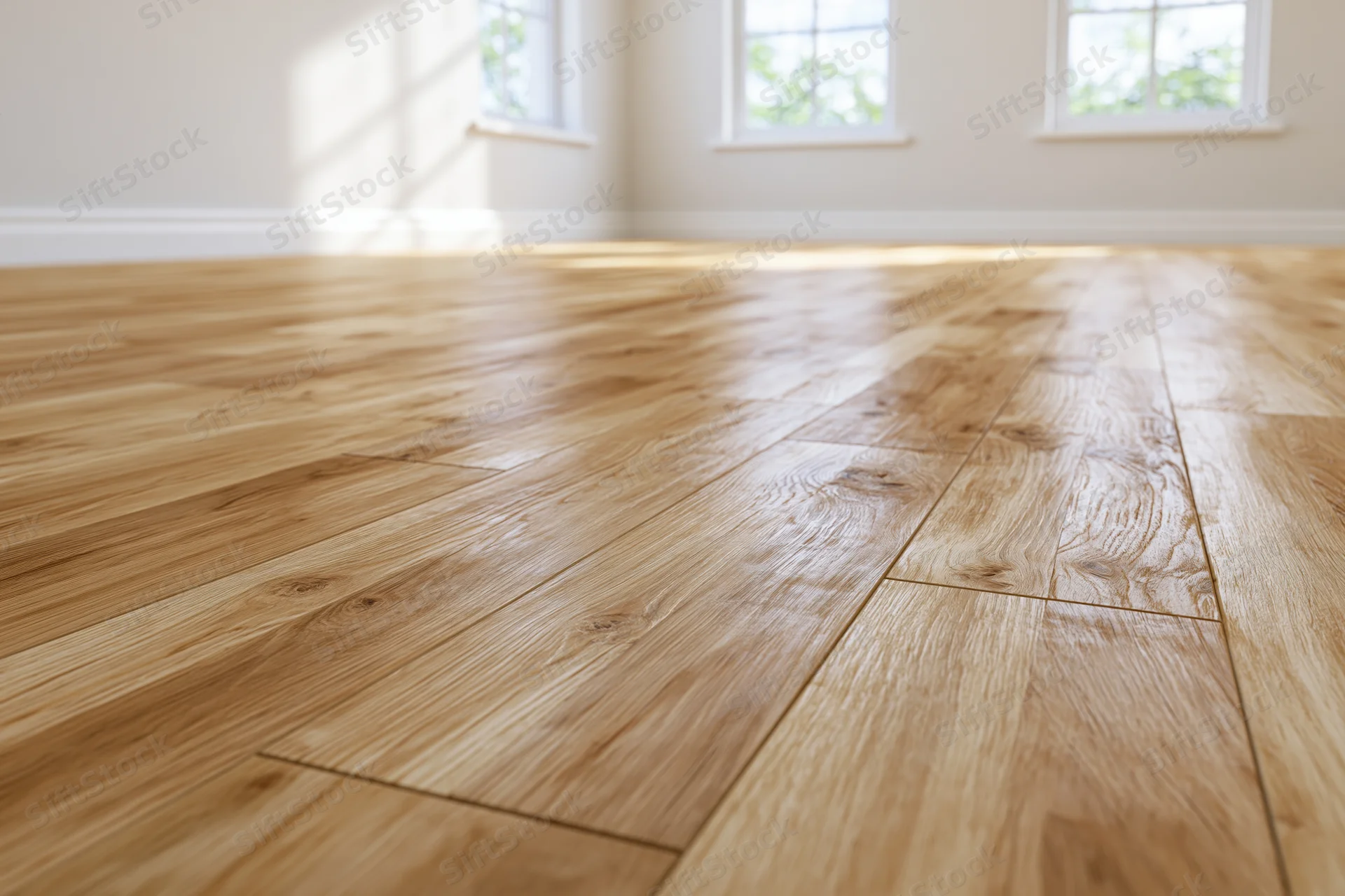 Close-up of hardwood flooring in an empty room with sunlight through windows