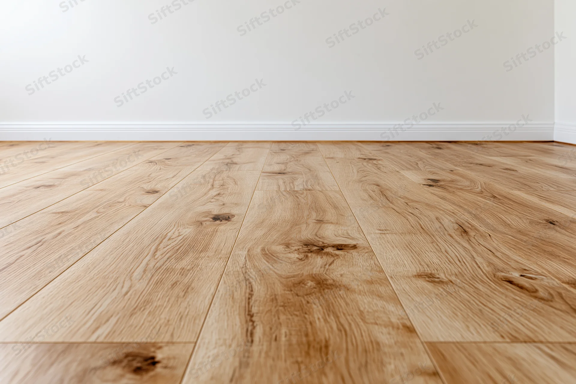 Light oak wood laminate flooring in an empty room interior with white walls and baseboard trim