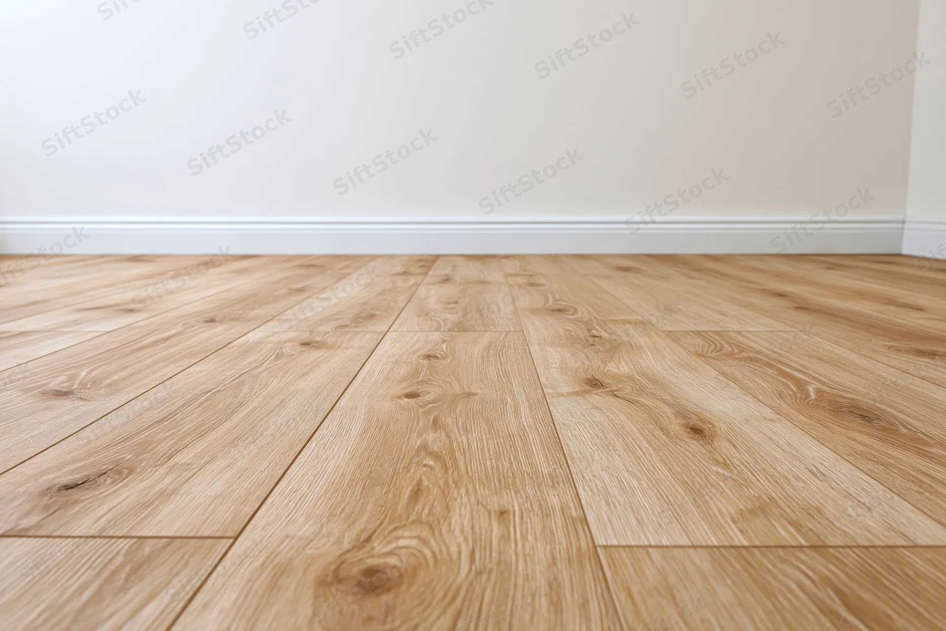 Light oak wood laminate flooring in an empty room interior with white walls and baseboard trim