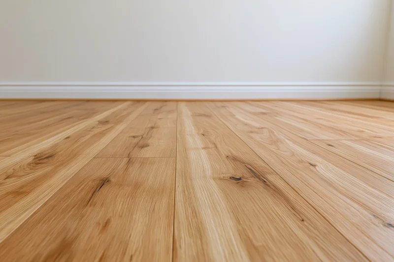 Light oak wood laminate flooring in an empty room interior with white walls and baseboard trim