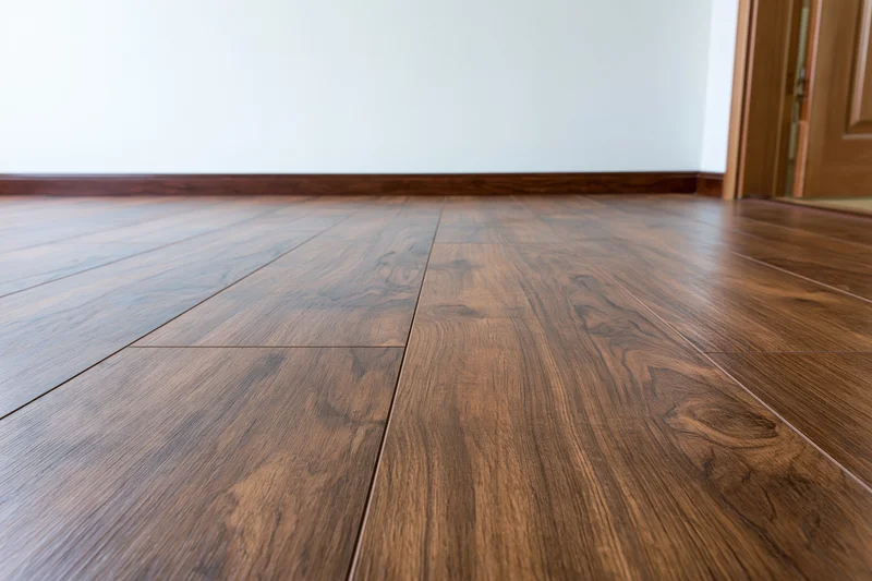 Dark walnut laminate flooring in an empty room interior with baseboard and door trim