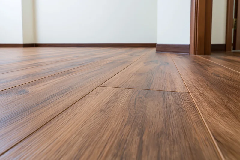 Dark walnut laminate flooring in an empty room interior with baseboards and doorframe