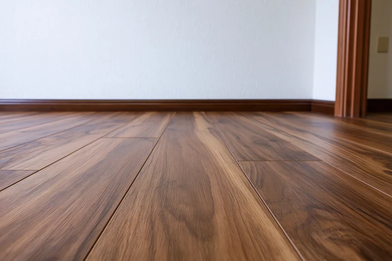 Dark walnut laminate flooring in an empty room interior with white walls and baseboard trim