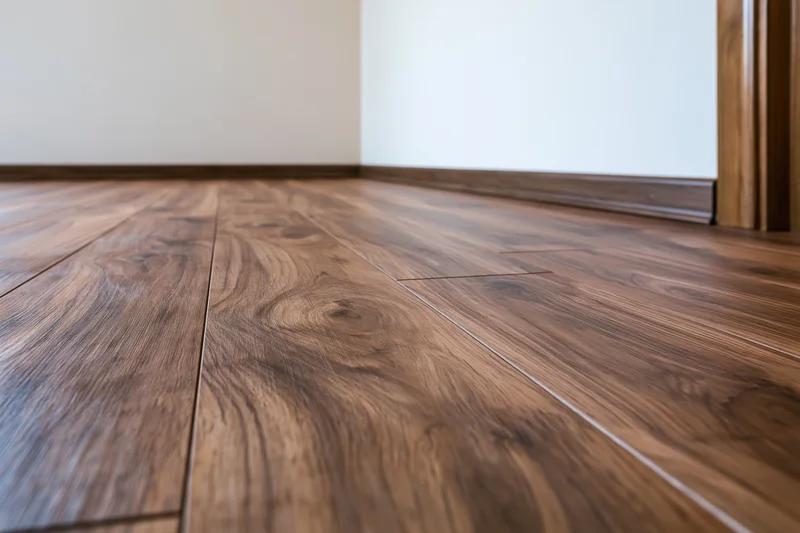 Dark walnut laminate flooring installed in an empty room interior with baseboard and doorframe visible