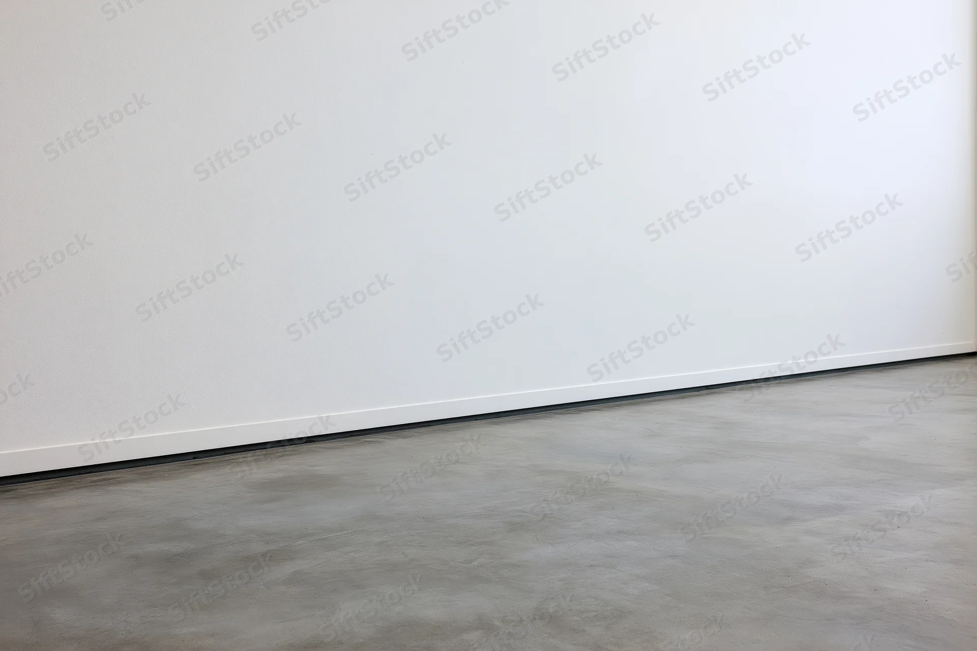 Plain white wall meeting gray concrete floor in empty room interior