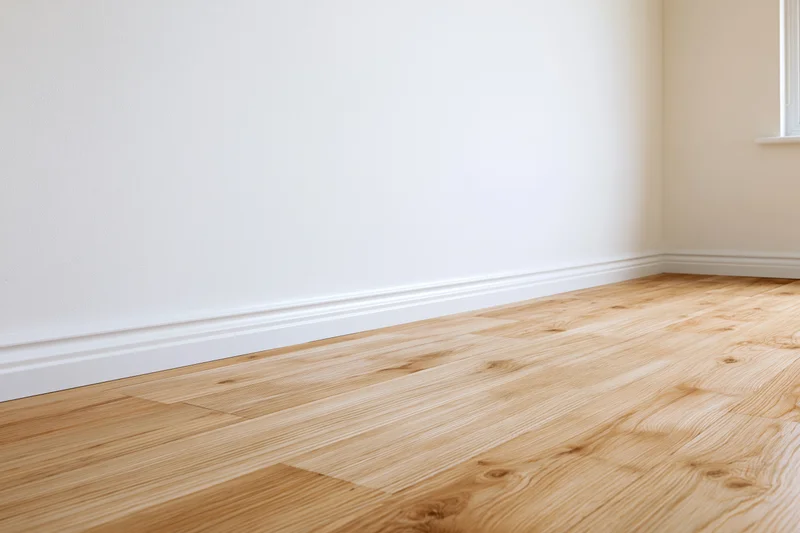 Empty room interior with light oak flooring and white walls showing corner and baseboard