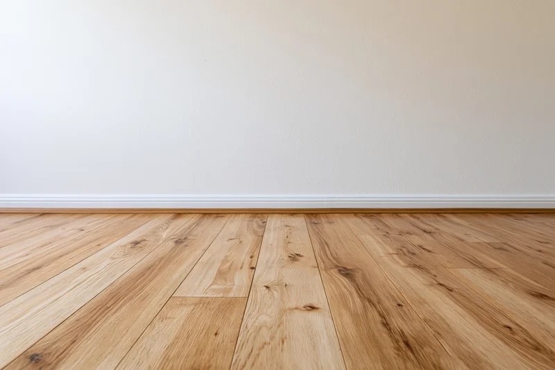 Light wood plank flooring meeting a white painted wall with baseboard in an empty room interior