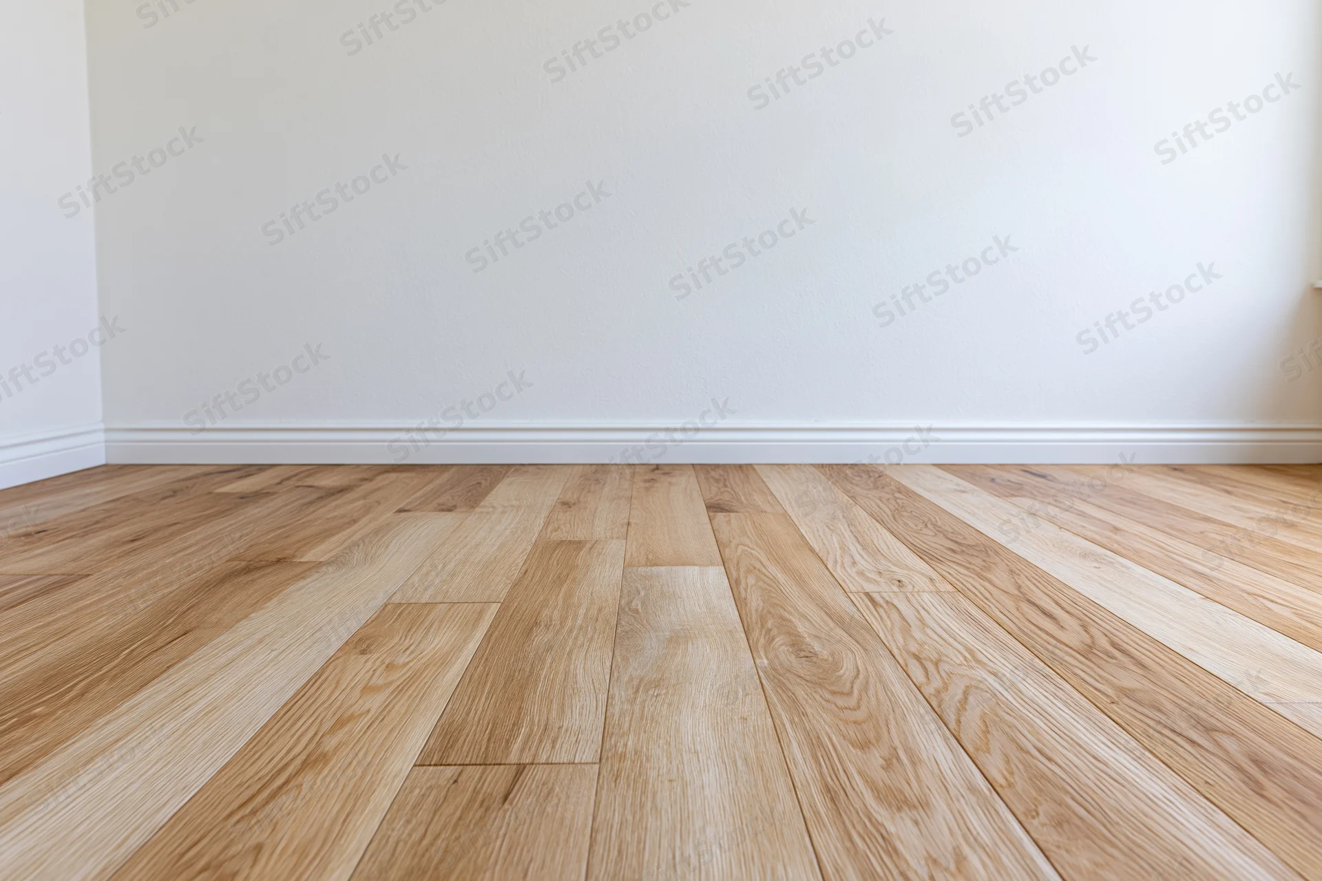 Empty room interior with light oak hardwood flooring and white painted walls