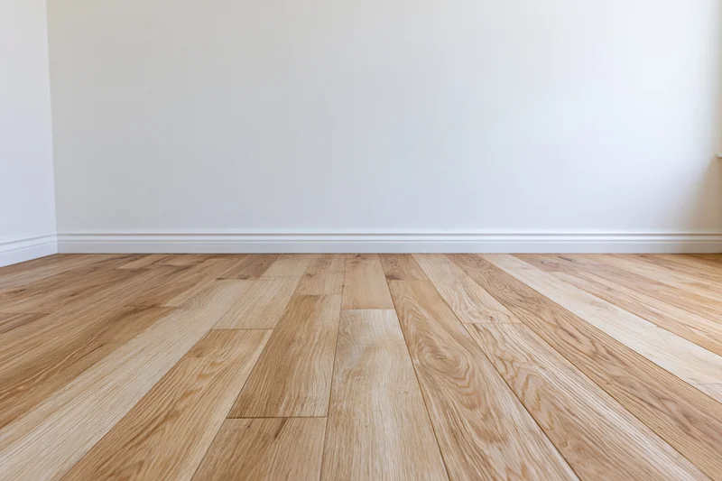 Empty room interior with light oak hardwood flooring and white painted walls