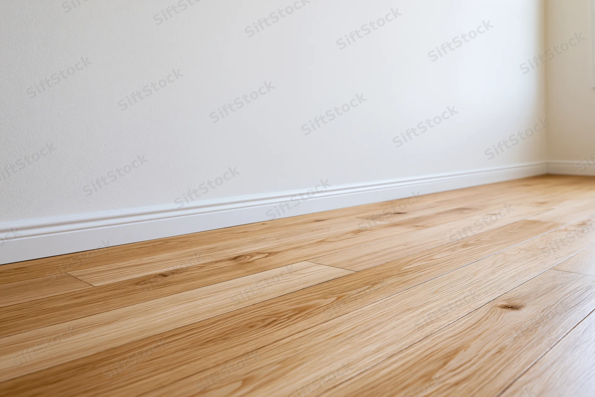 Light oak hardwood flooring in an empty room with white walls and baseboard trim