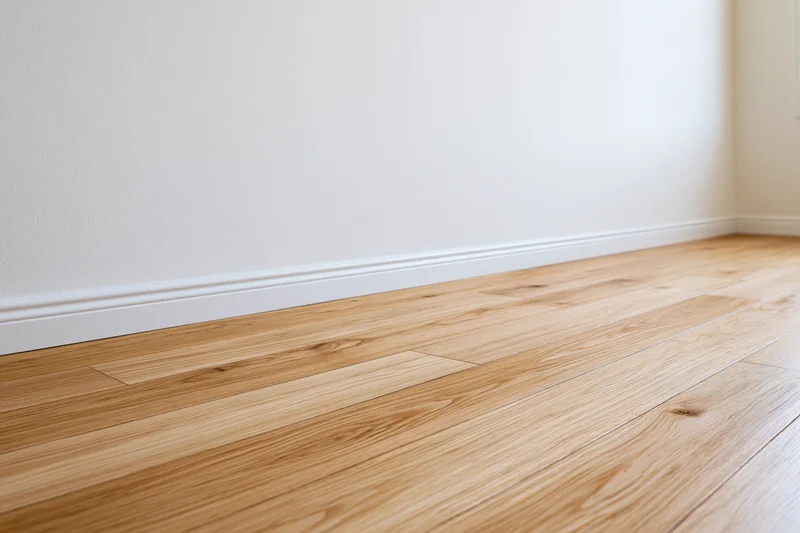 Light oak hardwood flooring in an empty room with white walls and baseboard trim