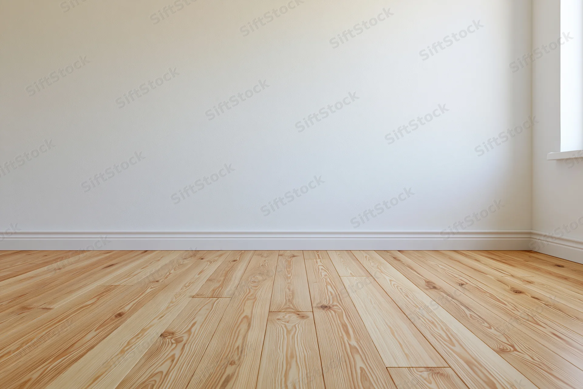 Empty room with white walls and light wood flooring, corner view near window