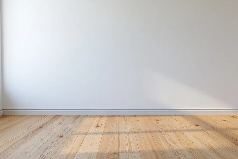 Empty room with white wall and light wood flooring showing natural sunlight and shadow