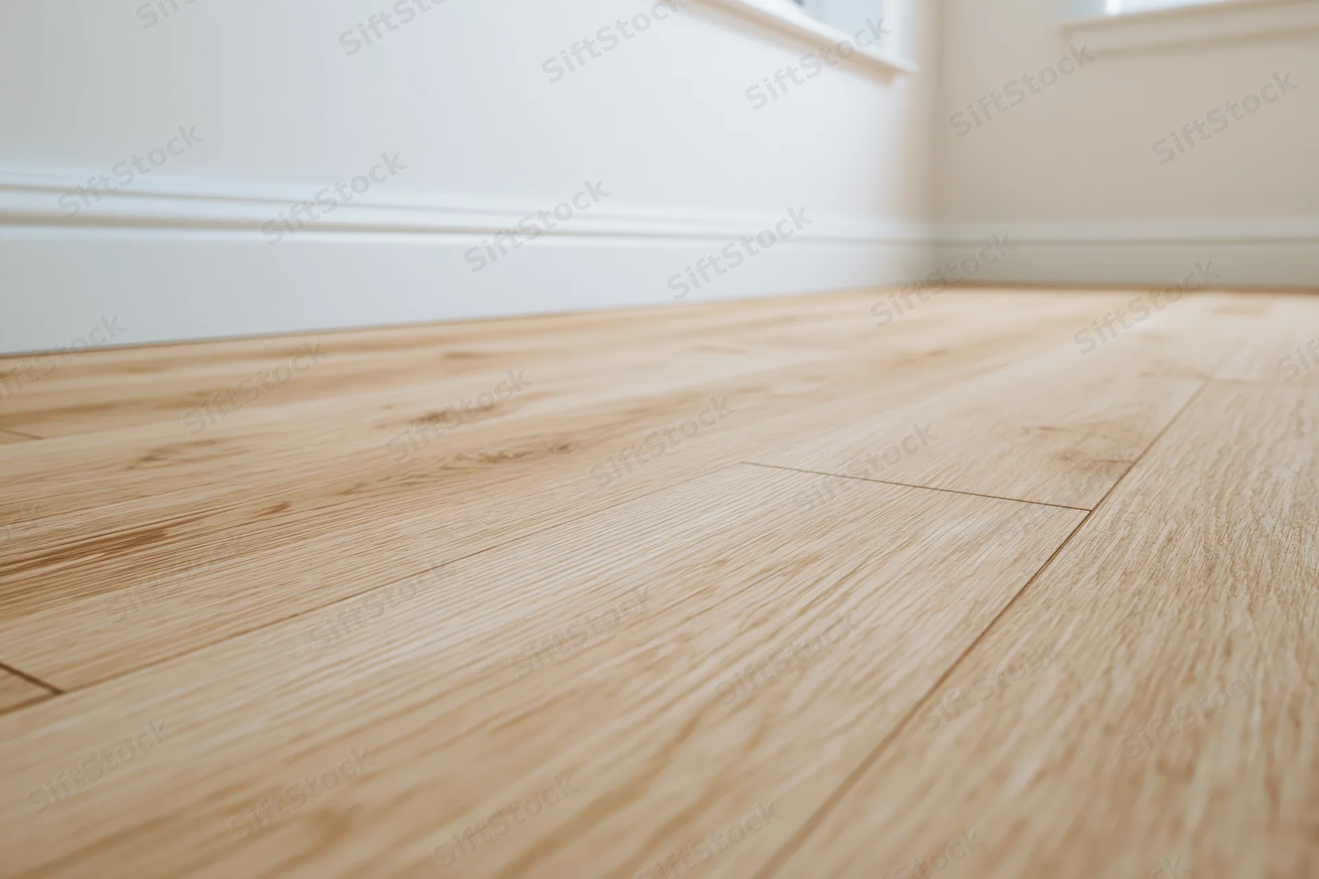 Light oak hardwood floor in empty room interior with white baseboard and walls