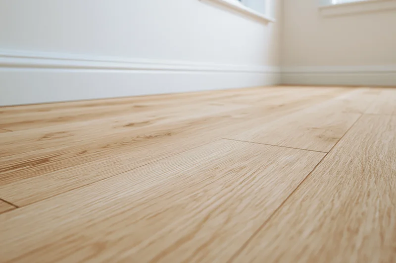 Light oak hardwood floor in empty room interior with white baseboard and walls