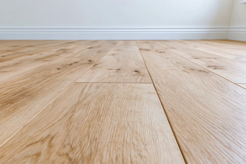 Light oak hardwood floor with visible wood grain and baseboard in empty room interior