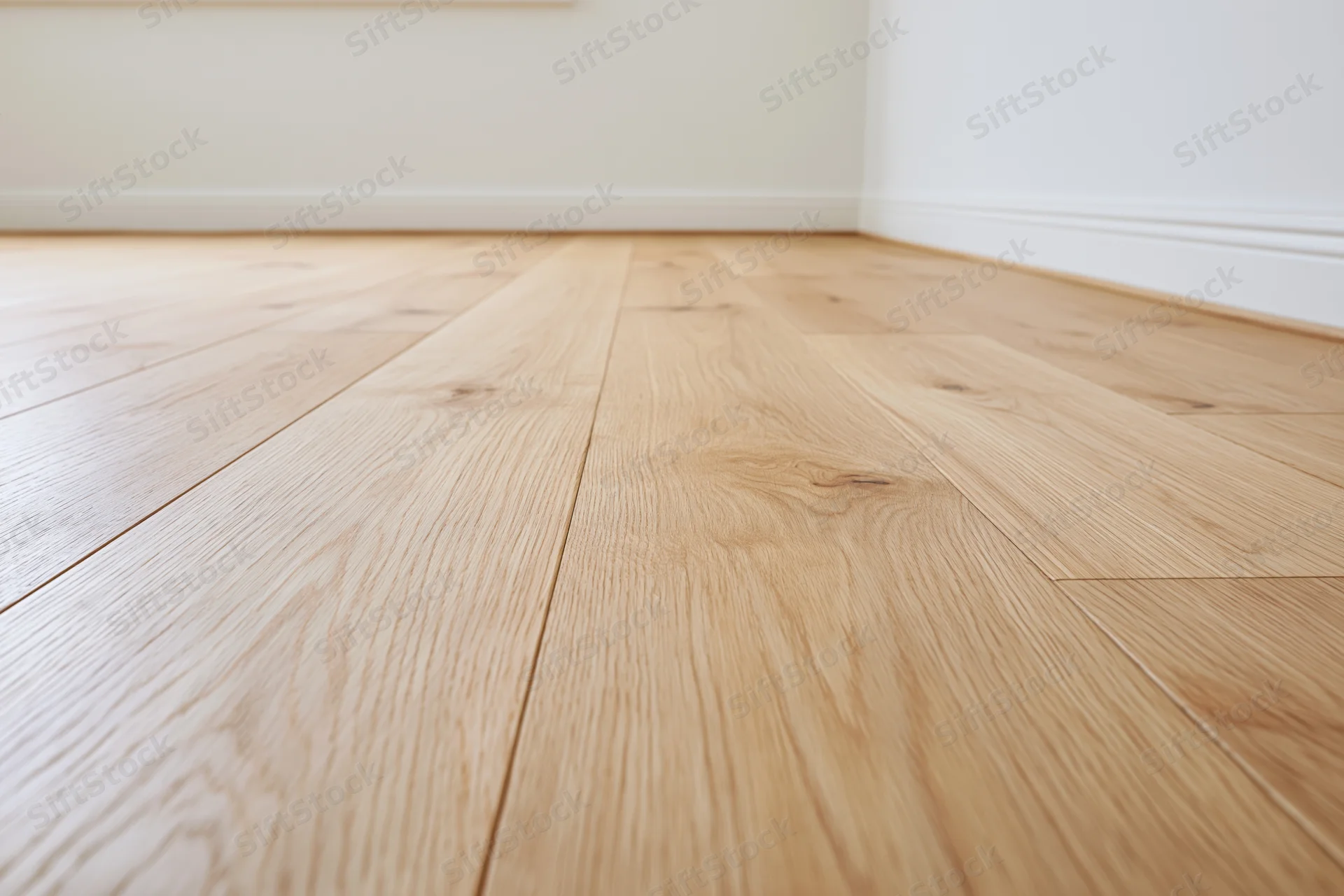 Light oak hardwood floor in empty room interior with white walls and baseboard