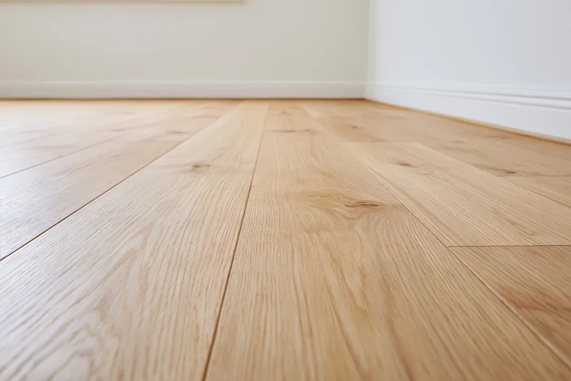 Light oak hardwood floor in empty room interior with white walls and baseboard