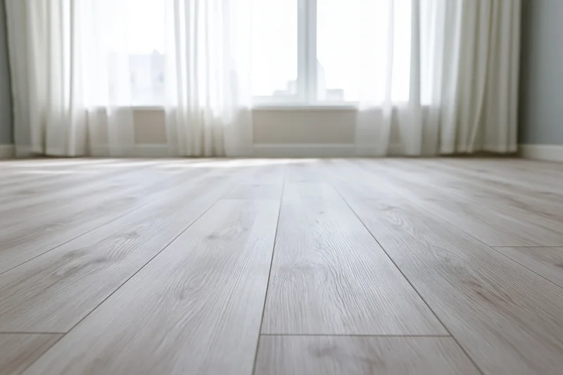 Pale whitewashed hardwood laminate flooring in an empty room with sheer curtains and natural light from a window