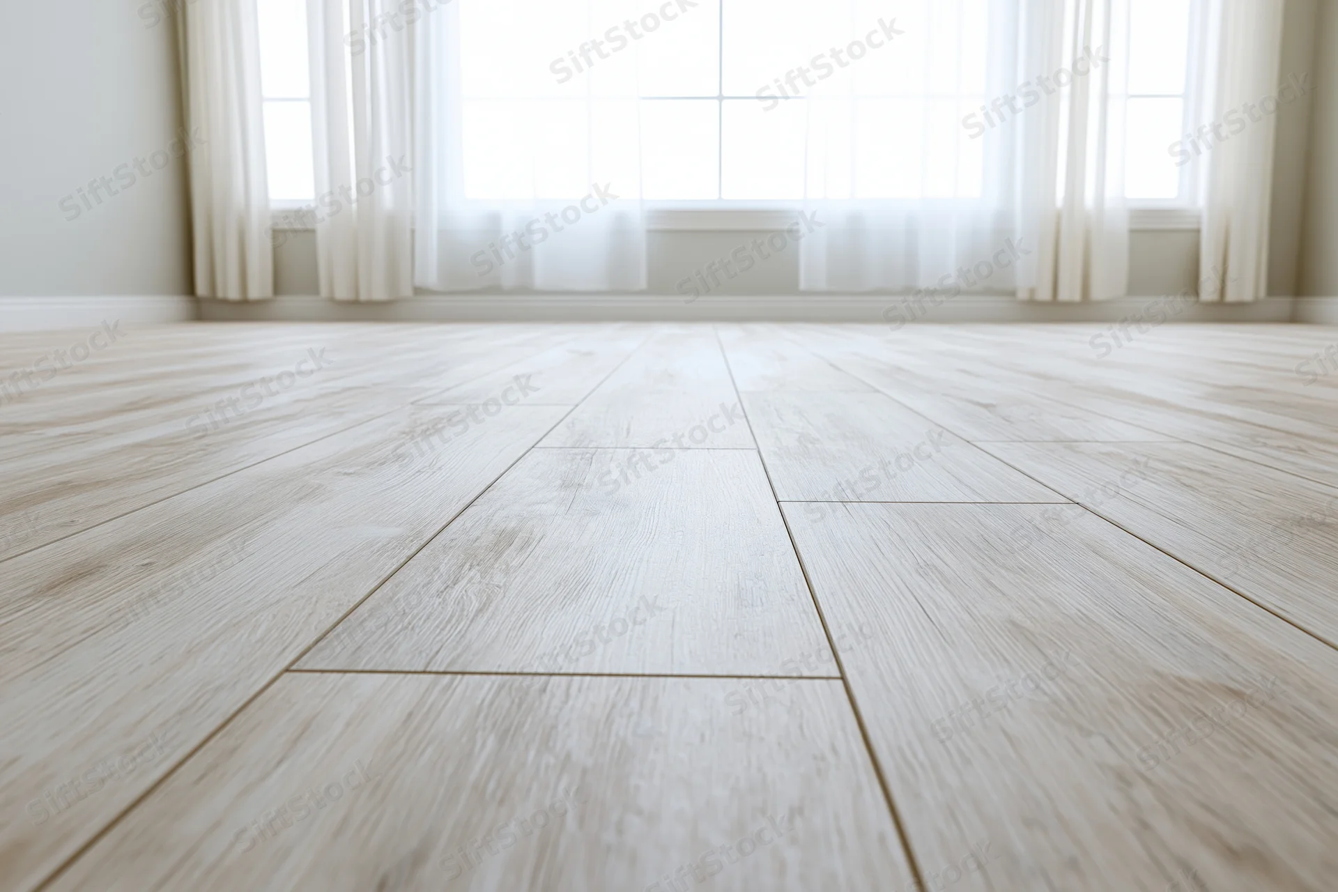 Pale whitewashed hardwood laminate flooring in an empty room with windows and sheer curtains